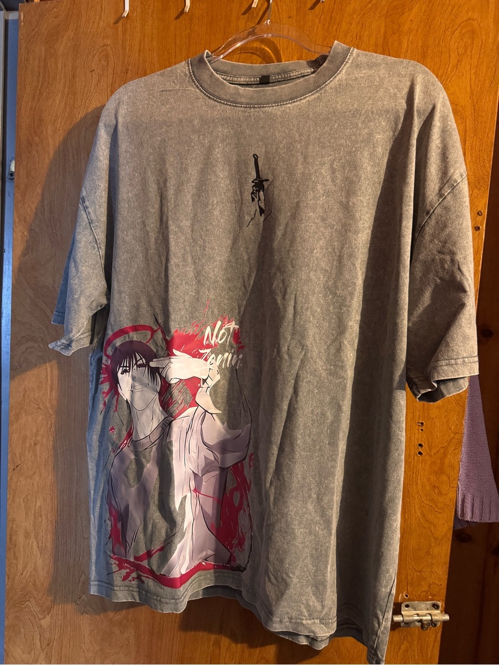Gray Graphic Anime Tee with Red Accent